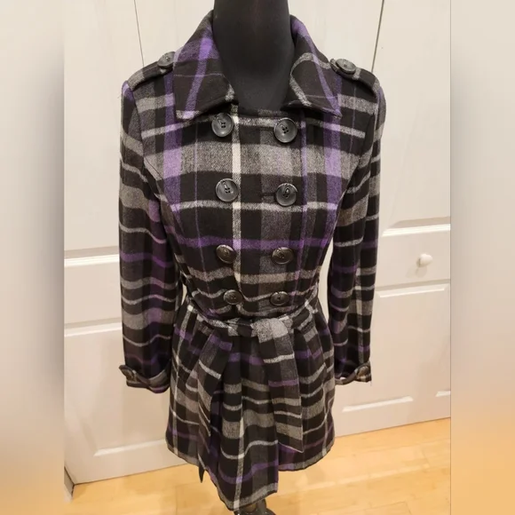 Arizona purple plaid double breasted black button up belted jacket coat S - Picture 6 of 9